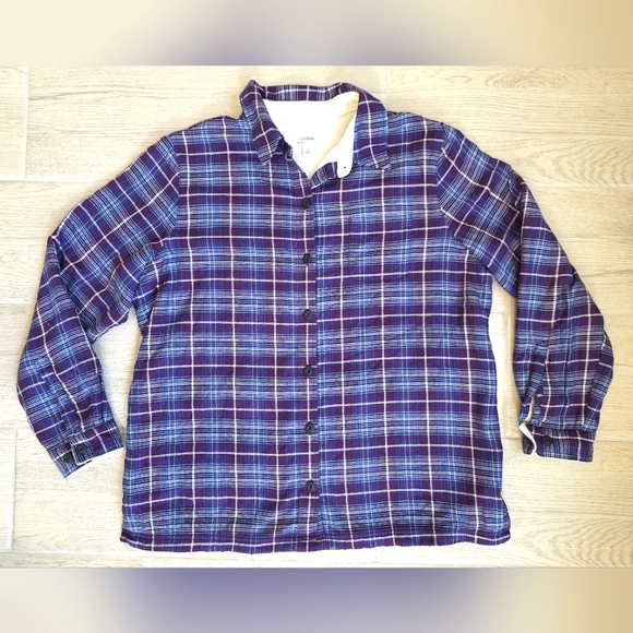 LL Bean women's purple cozy fleece lined flannel button front shacket - large - Picture 1 of 9
